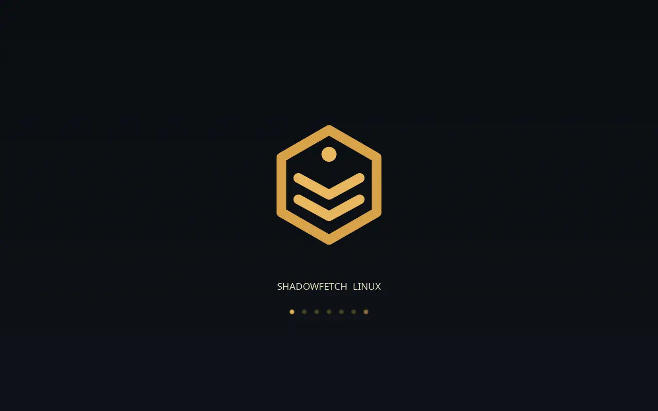 Shadowfetch Linux boot splash with a sharp gold hexagonal emblem centered on a graphite background