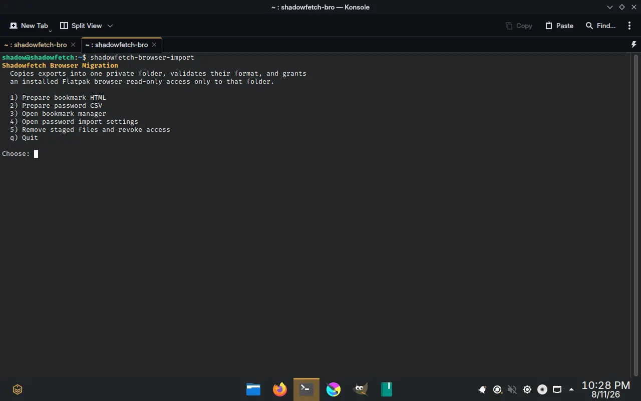 A full-screen terminal showing the Shadowfetch Browser Migration assistant with choices for bookmark HTML, password CSV, browser settings, and private staged-file cleanup