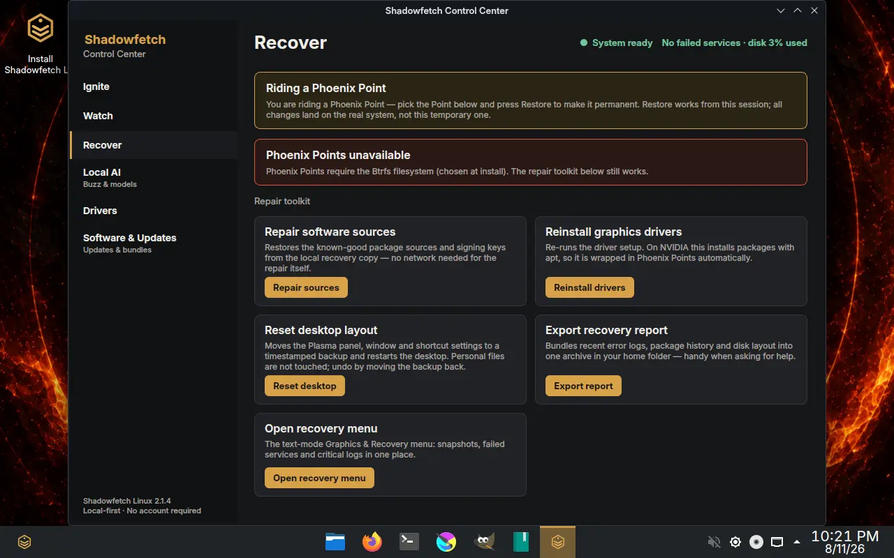 Shadowfetch Control Center Recover page with Phoenix Point status and tools to repair software sources, reinstall graphics drivers, reset the desktop, and export a recovery report