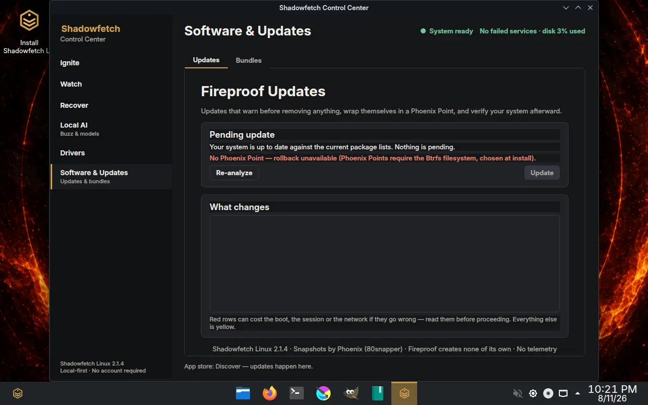 Shadowfetch Control Center Software and Updates page showing Fireproof Updates, current update status, rollback availability, and the change review area