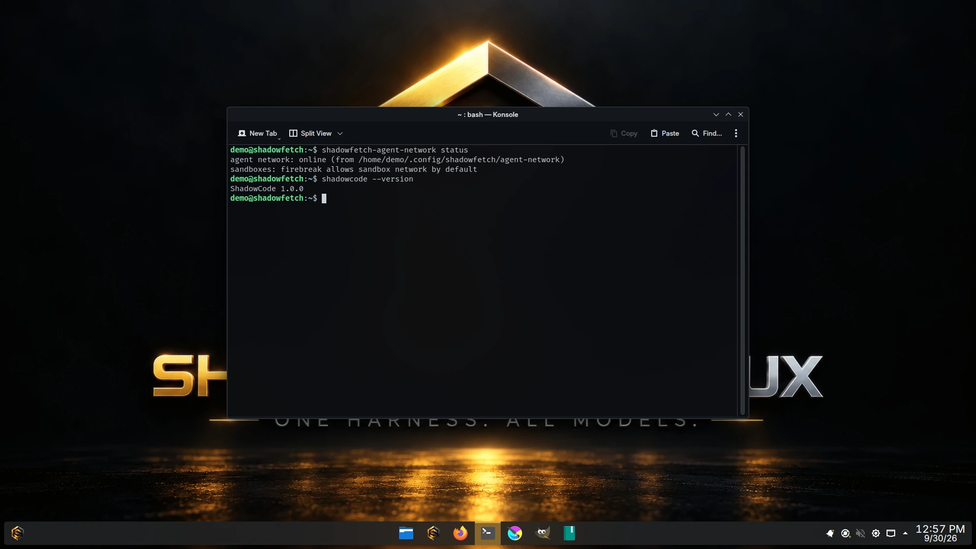Konsole terminal showing shadowfetch-agent-network status reporting online from the user's agent-network setting, and shadowcode --version printing ShadowCode 1.0.0.