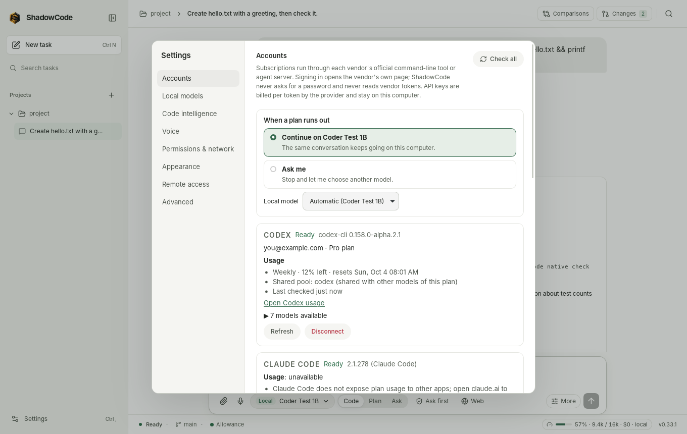 ShadowCode Accounts settings: a Codex card with reported usage windows and a Claude Code card saying usage unavailable.