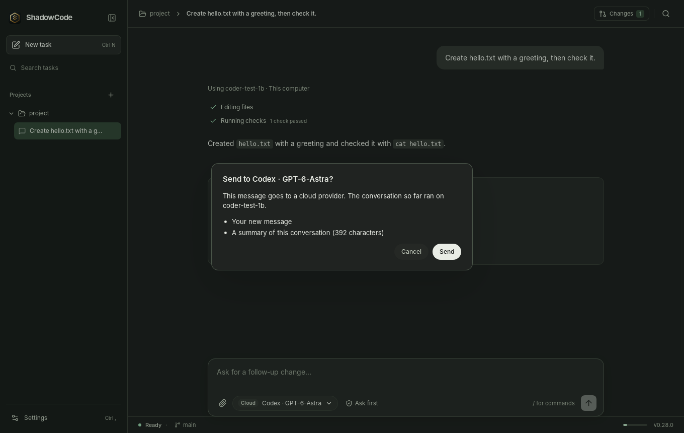 ShadowCode dialog asking whether to send the message and a conversation summary to a cloud provider.