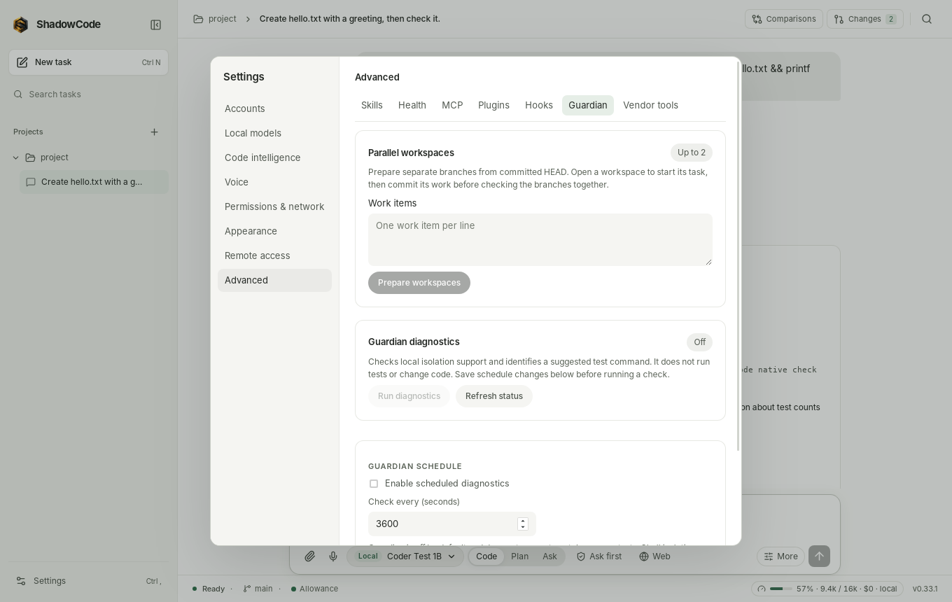ShadowCode Advanced settings with Parallel workspaces and Guardian diagnostics panels.